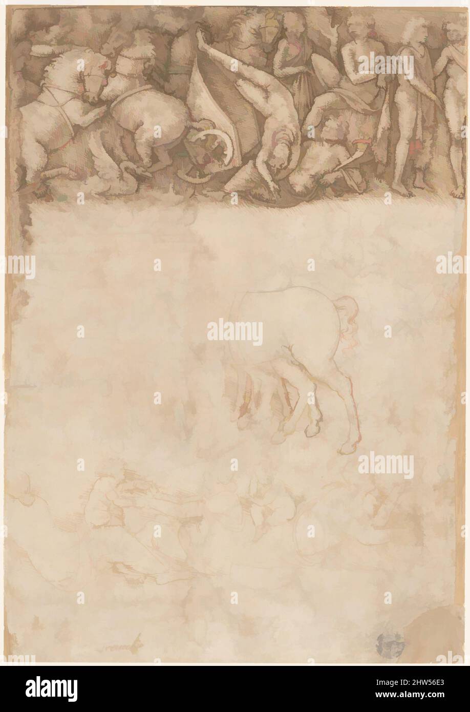 Art inspired by Studies after the Antique: The Fall of Phaëthon, Horses, Reclining Women with Children (recto); Studies after the Antique: An Altar or Urn, Lion Attacking a Horse (verso), 1474–1552, Black chalk, pen and brown ink (recto); pen and brown ink over traces of black chalk (, Classic works modernized by Artotop with a splash of modernity. Shapes, color and value, eye-catching visual impact on art. Emotions through freedom of artworks in a contemporary way. A timeless message pursuing a wildly creative new direction. Artists turning to the digital medium and creating the Artotop NFT Stock Photo