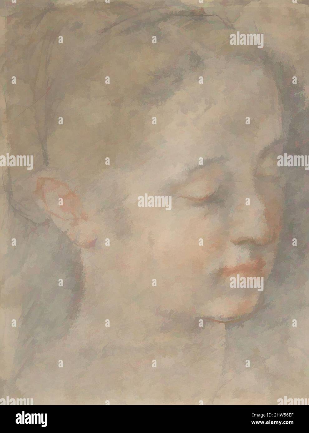 Art inspired by Head of a Young Woman Looking to Lower Right, 1565, Black, red, and yellow chalk, 9 7/16 x 7 3/8in. (24 x 18.7cm), Drawings, Federico Barocci (Italian, Urbino ca. 1535–1612 Urbino), This exquisite, though fragile and abraded drawing in color served as a study for the, Classic works modernized by Artotop with a splash of modernity. Shapes, color and value, eye-catching visual impact on art. Emotions through freedom of artworks in a contemporary way. A timeless message pursuing a wildly creative new direction. Artists turning to the digital medium and creating the Artotop NFT Stock Photo