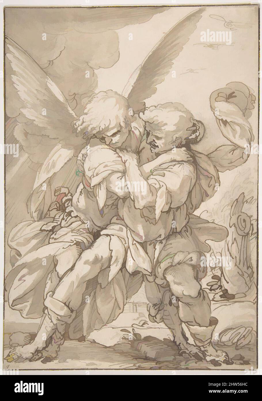 Art inspired by Jacob Wrestling with the Angel, 1601–68, Pen and brown ink, brush and brown wash over traces of black chalk, 10 3/4 x 7 9/16in. (27.3 x 19.2cm), Drawings, attributed to Giulio Benso (Italian, Pieve di Teco 1592–1668 Pieve di Teco, Classic works modernized by Artotop with a splash of modernity. Shapes, color and value, eye-catching visual impact on art. Emotions through freedom of artworks in a contemporary way. A timeless message pursuing a wildly creative new direction. Artists turning to the digital medium and creating the Artotop NFT Stock Photo
