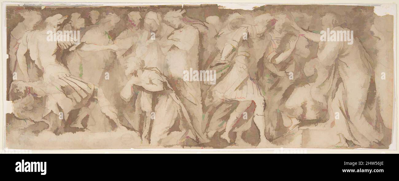 Art inspired by Scenes from Ancient History, after Polidoro da Caravaggio, 1560–1608, Pen and brown ink, brush and brown wash, 4 1/2 x 12in. (11.4 x 30.5cm), Drawings, Andrea Boscoli (Italian, Florence ca. 1560–1608 Rome, Classic works modernized by Artotop with a splash of modernity. Shapes, color and value, eye-catching visual impact on art. Emotions through freedom of artworks in a contemporary way. A timeless message pursuing a wildly creative new direction. Artists turning to the digital medium and creating the Artotop NFT Stock Photo