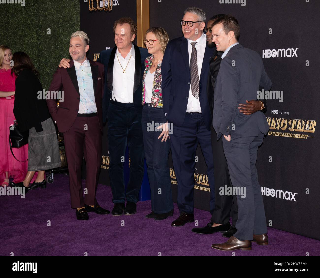 March 2, 2022, Los Angeles, California, USA: (L-R) Max Borenstein, John C. Reilly, Chairman and CEO of Warner Media Studios Ann Sarnoff, Adam McKay, Quincy Isaiah and Casey Bloys attend the Premiere Of HBO's ''Winning Time: The Rise Of The Lakers Dynasty' (Credit Image: © Billy Bennight/ZUMA Press Wire) Stock Photo