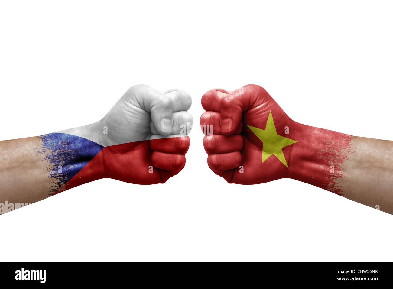 Two hands punch to each others on white background. Country flags painted fists, conflict crisis concept between czechia and vietnam Stock Photo