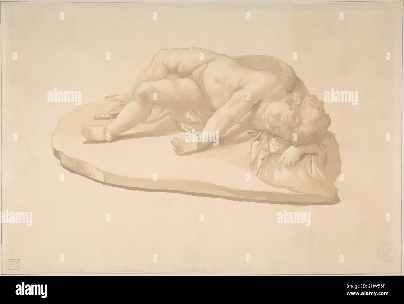 Art inspired by Copy after a Sculpture of the Sleeping Eros Based on an Antique Model (from Cassiano dal Pozzo's 'Paper Museum'), ca. 1630, Pen and brown ink, brush and brown wash, 8 9/16 x 12 5/8in. (21.7 x 32.1cm), Drawings, Giovanni Angelo Canini (Italian, Rome 1615–1666 Rome), The, Classic works modernized by Artotop with a splash of modernity. Shapes, color and value, eye-catching visual impact on art. Emotions through freedom of artworks in a contemporary way. A timeless message pursuing a wildly creative new direction. Artists turning to the digital medium and creating the Artotop NFT Stock Photo
