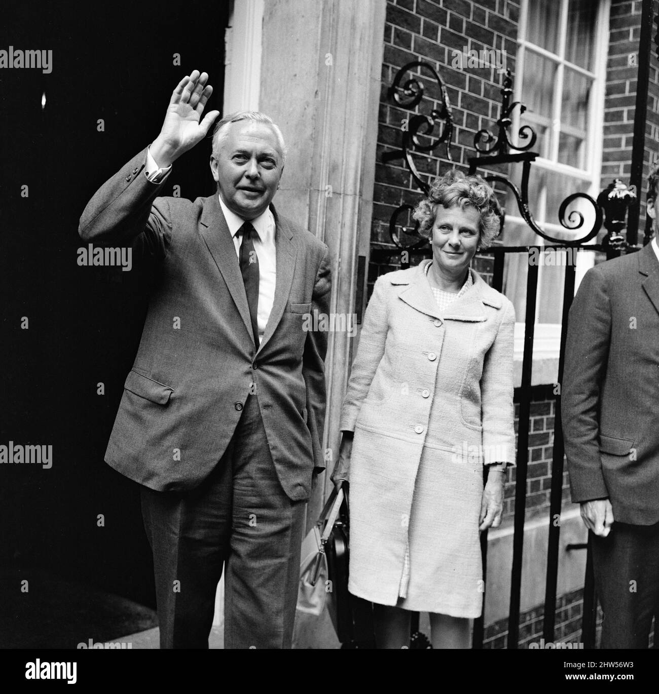 British Prime Minister Harold Wilson photo-call outside Number Ten Downing  Street, London, Monday 28th August 1967. He plans to announce details of  cabinet reshuffle later today. Also pictured, wife Mary Wilson Stock