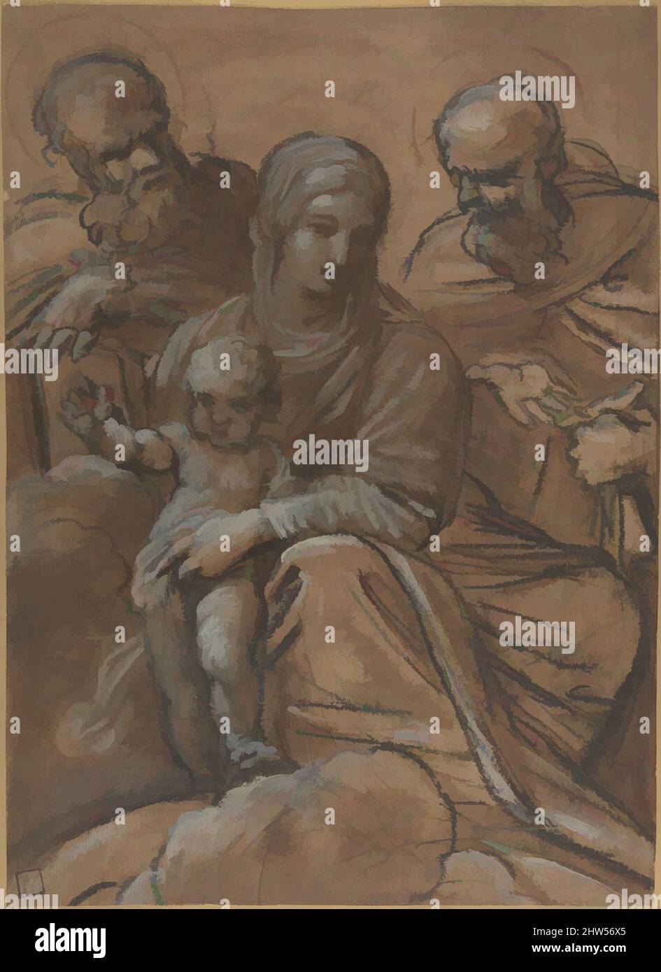 Art inspired by The Virgin and Child with Two Male Saints, 1577–1660, Charcoal, brush and brown wash, white oil paint, on brown paper, 12 1/16 x 8 3/4in. (30.7 x 22.3cm), Drawings, Giacomo Cavedone (Italian, Sassuolo 1577–1660 Bologna, Classic works modernized by Artotop with a splash of modernity. Shapes, color and value, eye-catching visual impact on art. Emotions through freedom of artworks in a contemporary way. A timeless message pursuing a wildly creative new direction. Artists turning to the digital medium and creating the Artotop NFT Stock Photo