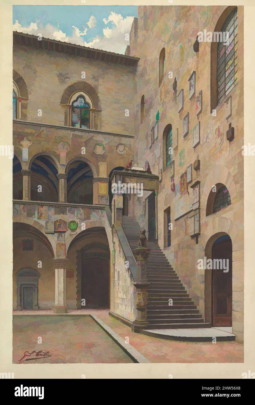 Art inspired by View of the Bargello Courtyard in Florence, 19th century, Watercolor, 23-5/8 x 17-1/2 in. (60.0 x 44.4 cm), Drawings, S. Cecchi (Italian, 19th century, Classic works modernized by Artotop with a splash of modernity. Shapes, color and value, eye-catching visual impact on art. Emotions through freedom of artworks in a contemporary way. A timeless message pursuing a wildly creative new direction. Artists turning to the digital medium and creating the Artotop NFT Stock Photo