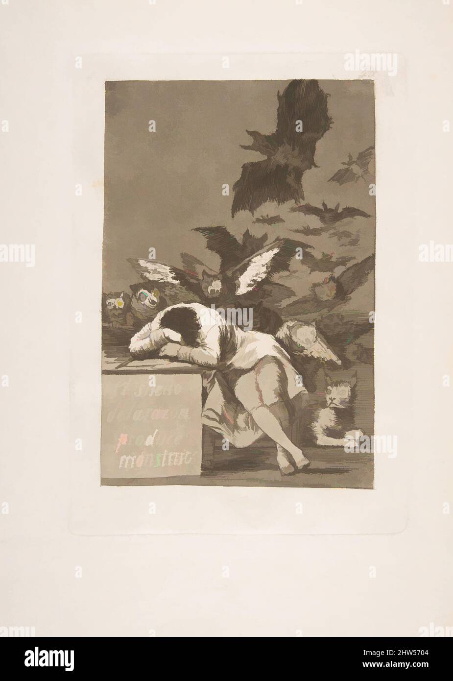 Art inspired by Plate 43 from 'Los Caprichos': The sleep of reason produces monsters (El sueño de la razon produce monstruos), 1799, Etching, aquatint, drypoint, and burin, Plate: 8 3/8 x 5 15/16 in. (21.2 x 15.1 cm), Prints, Goya (Francisco de Goya y Lucientes) (Spanish, Fuendetodos, Classic works modernized by Artotop with a splash of modernity. Shapes, color and value, eye-catching visual impact on art. Emotions through freedom of artworks in a contemporary way. A timeless message pursuing a wildly creative new direction. Artists turning to the digital medium and creating the Artotop NFT Stock Photo