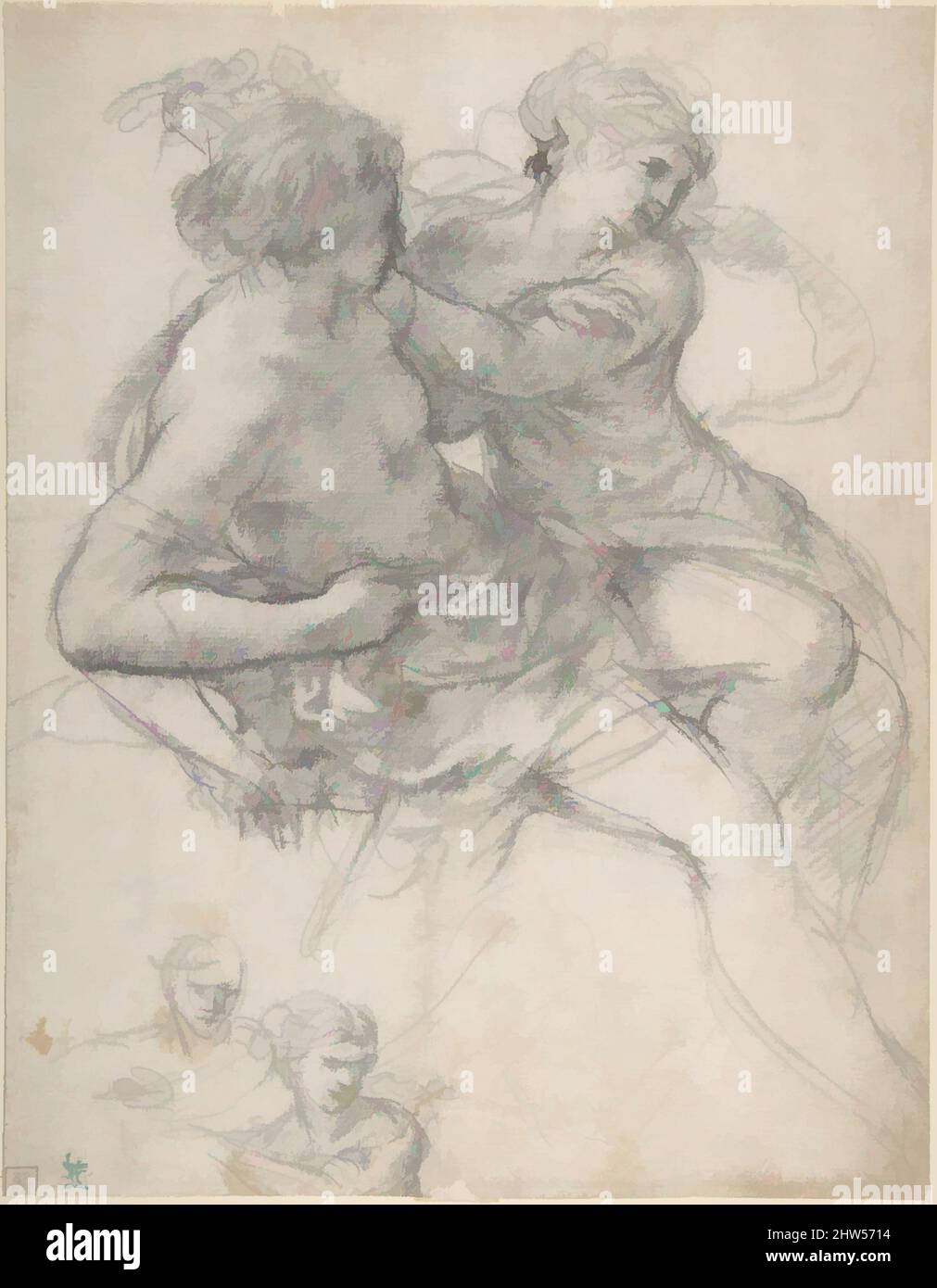 Art inspired by Study of Two Figures for the Age of Gold, 1637, Black chalk, slightly reworked by the artist with the wet tip of the chalk stick, 12 11/16 x 9 3/4in. (32.3 x 24.7cm), Drawings, Pietro da Cortona (Pietro Berrettini) (Italian, Cortona 1596–1669 Rome), In June 1637, Pietro, Classic works modernized by Artotop with a splash of modernity. Shapes, color and value, eye-catching visual impact on art. Emotions through freedom of artworks in a contemporary way. A timeless message pursuing a wildly creative new direction. Artists turning to the digital medium and creating the Artotop NFT Stock Photo
