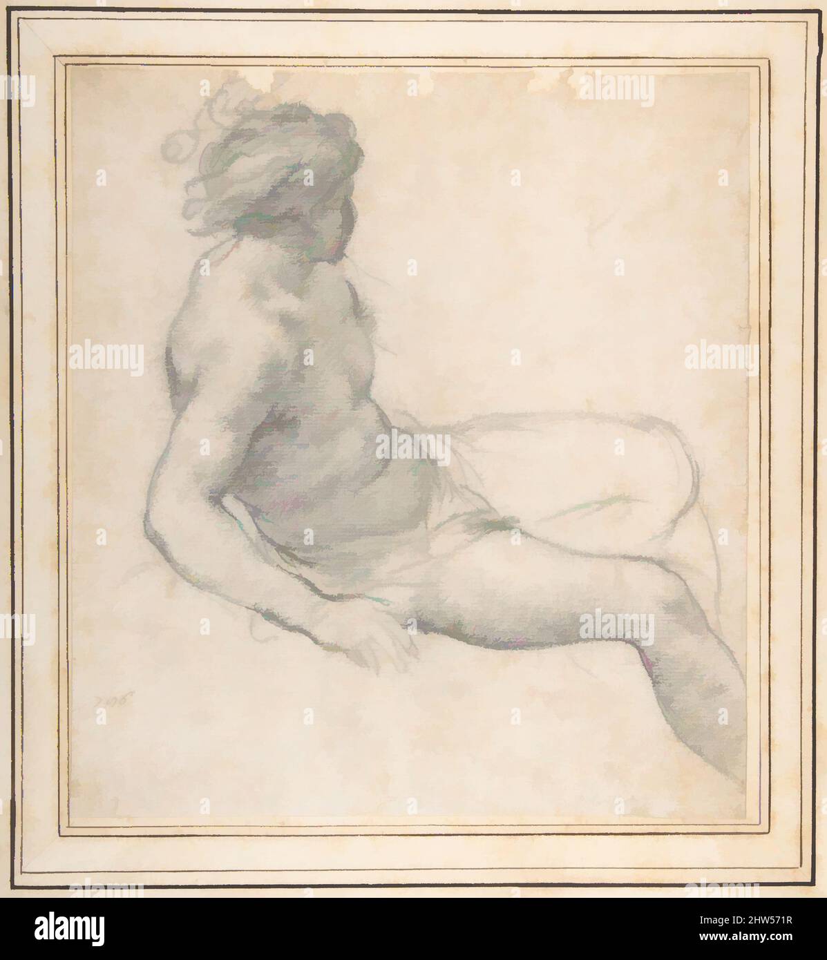 Art inspired by Study of a Seated Youth for the Age of Gold, 1637, Black chalk, 11-1/4 x 10-1/4 in. (28.6 x 26 cm), Drawings, Pietro da Cortona (Pietro Berrettini) (Italian, Cortona 1596–1669 Rome), In June 1637, Pietro da Cortona, the leading Italian Baroque painter of his time, Classic works modernized by Artotop with a splash of modernity. Shapes, color and value, eye-catching visual impact on art. Emotions through freedom of artworks in a contemporary way. A timeless message pursuing a wildly creative new direction. Artists turning to the digital medium and creating the Artotop NFT Stock Photo