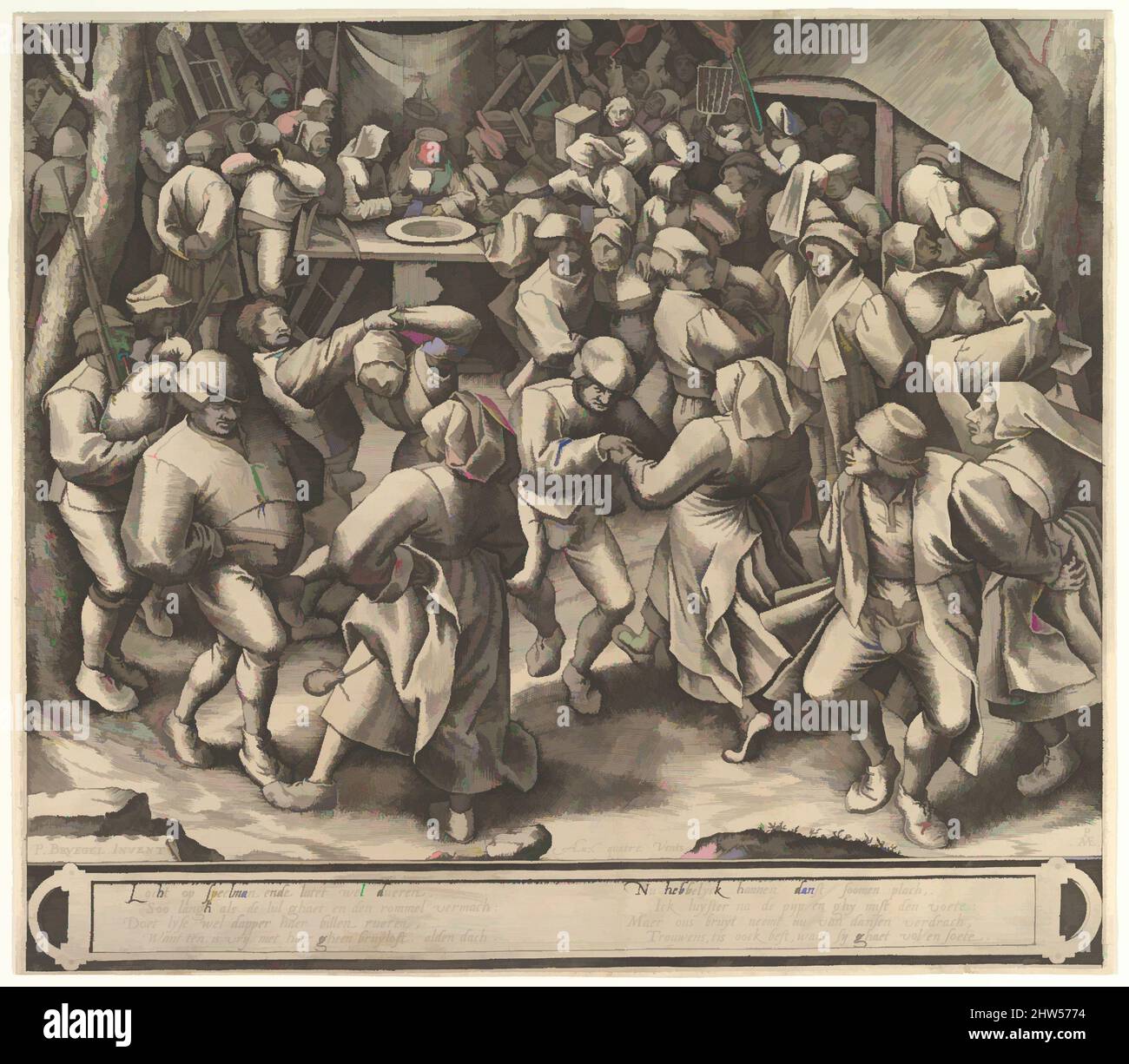 Art inspired by The Peasant Wedding Dance, after 1570, Engraving; first state of three, sheet: 14 15/16 x 17 1/16 in. (38 x 43.3 cm), Prints, Pieter van der Heyden (Netherlandish, ca. 1525–1569), After Pieter Bruegel the Elder (Netherlandish, Breda (?) ca. 1525–1569 Brussels, Classic works modernized by Artotop with a splash of modernity. Shapes, color and value, eye-catching visual impact on art. Emotions through freedom of artworks in a contemporary way. A timeless message pursuing a wildly creative new direction. Artists turning to the digital medium and creating the Artotop NFT Stock Photo