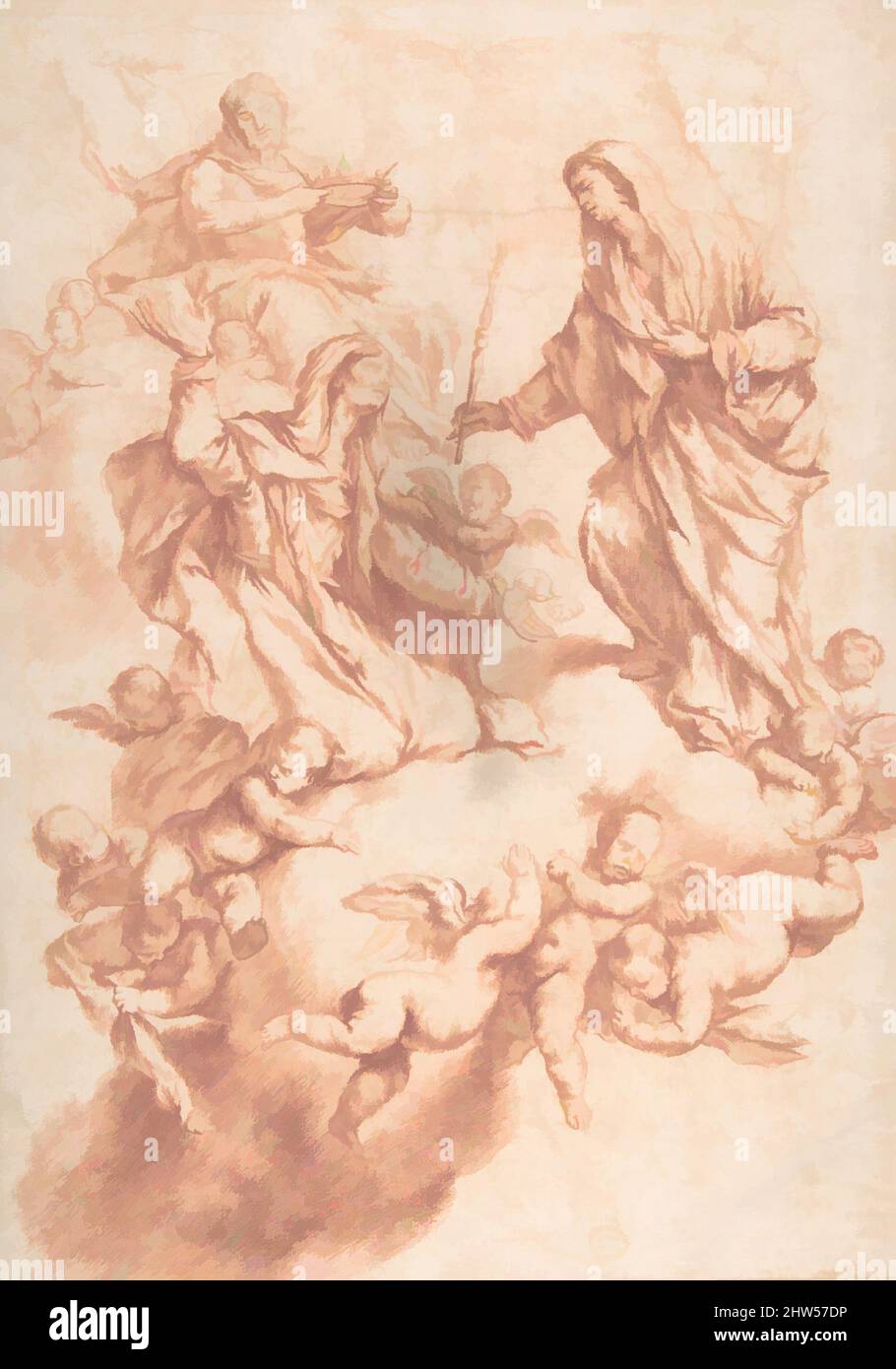 Art inspired by Saint Anne Received in Heaven by Christ and the Virgin, 1634–1705, Red chalk on cream paper, 14-5/16 x 10-1/4 in. (36.4 x 26.0 cm), Drawings, After Luca Giordano (Italian, Naples 1634–1705 Naples, Classic works modernized by Artotop with a splash of modernity. Shapes, color and value, eye-catching visual impact on art. Emotions through freedom of artworks in a contemporary way. A timeless message pursuing a wildly creative new direction. Artists turning to the digital medium and creating the Artotop NFT Stock Photo