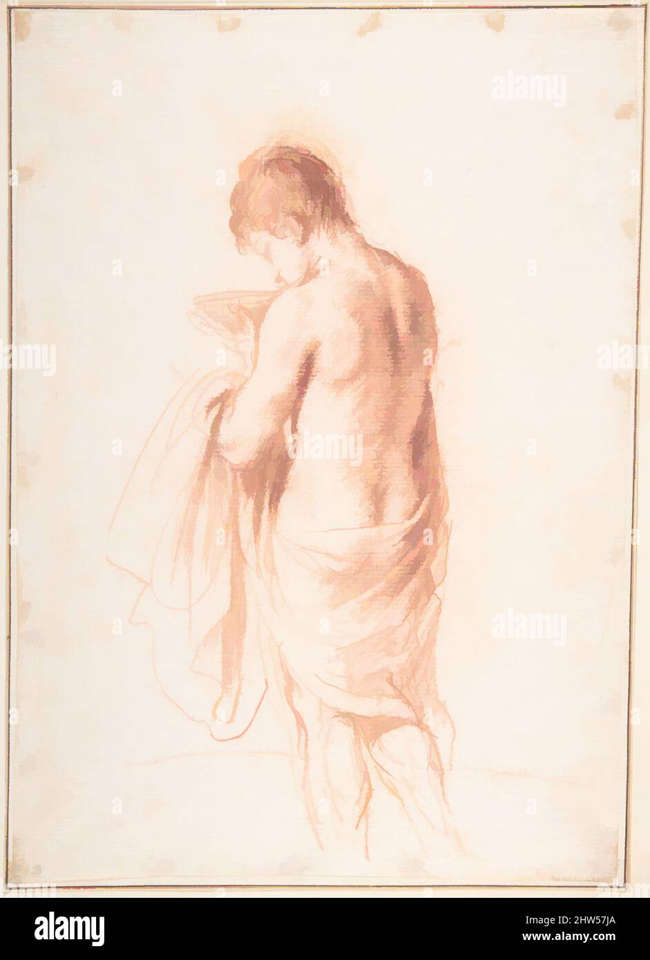 Art inspired by Standing Youth Seen from Behind Holding a Bowl (Ganymede?), ca. 1635–45, Red chalk, Sheet: 10 1/2 x 7 1/2 in. (26.7 x 19.1 cm)., Drawings, Guercino (Giovanni Francesco Barbieri) (Italian, Cento 1591–1666 Bologna), Traditionally identified as a study for the figure of, Classic works modernized by Artotop with a splash of modernity. Shapes, color and value, eye-catching visual impact on art. Emotions through freedom of artworks in a contemporary way. A timeless message pursuing a wildly creative new direction. Artists turning to the digital medium and creating the Artotop NFT Stock Photo