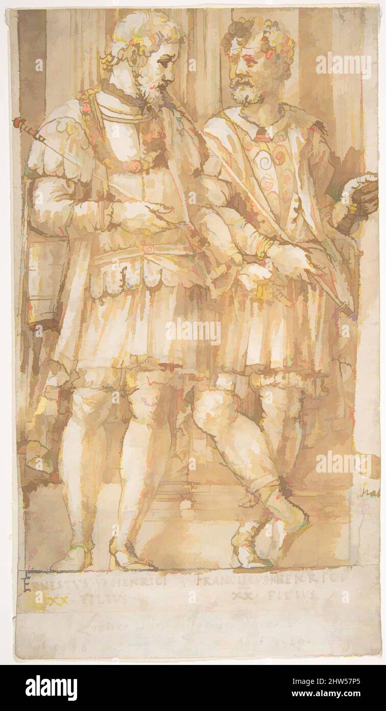 Art inspired by Two Princes of the House of Este: Ernest VI and Francis II, 1513–83, Pen and brown ink, brush and yellow-brown wash, over black chalk, 8 3/4 × 4 15/16 in. (22.3 × 12.6 cm), Drawings, Pirro Ligorio (Italian, Naples ca. 1512/13–1583 Ferrara), This sheet is part of a, Classic works modernized by Artotop with a splash of modernity. Shapes, color and value, eye-catching visual impact on art. Emotions through freedom of artworks in a contemporary way. A timeless message pursuing a wildly creative new direction. Artists turning to the digital medium and creating the Artotop NFT Stock Photo