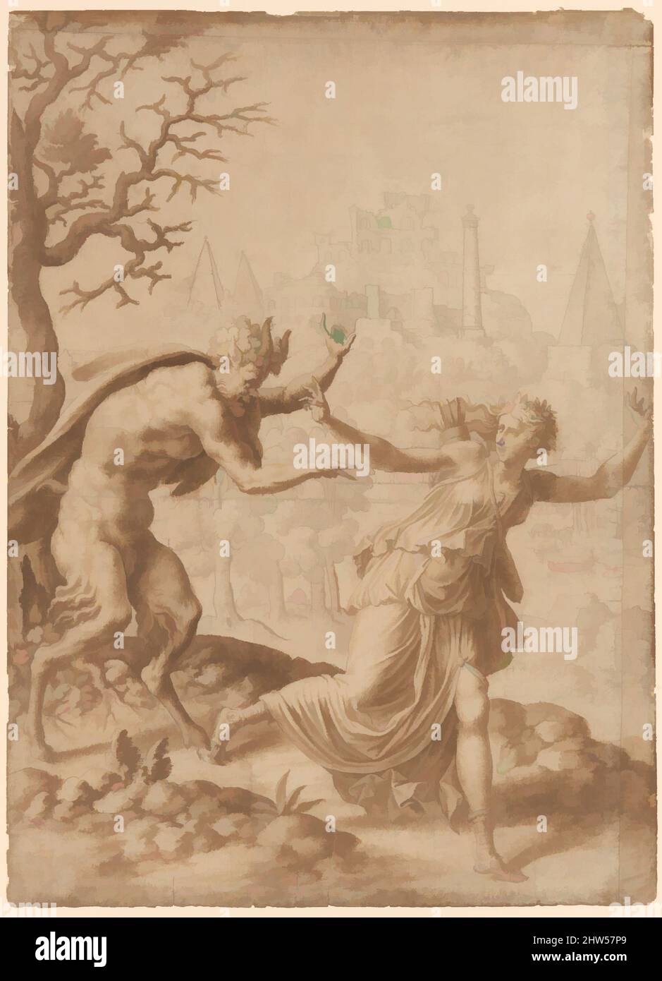 Art inspired by A Satyr Pursuing a Nymph, ca. 1550–75, Pen and brown ink, brush and brown wash, over traces of black chalk, 21-1/2 x 15-5/8 in. (54.6 x 39.7 cm), Drawings, Anonymous, French, School of Fontainebleau, 16th century, Classic works modernized by Artotop with a splash of modernity. Shapes, color and value, eye-catching visual impact on art. Emotions through freedom of artworks in a contemporary way. A timeless message pursuing a wildly creative new direction. Artists turning to the digital medium and creating the Artotop NFT Stock Photo