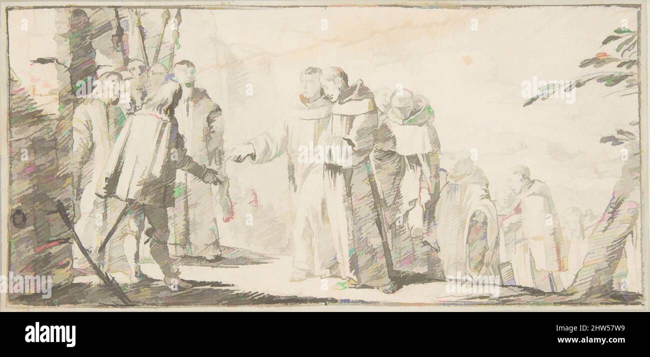 Art inspired by Illustration for a Book: Reception of Monks at a City Gate, 1696–1770, Black chalk. Horizontal and vertical centering lines ruled in faint black chalk, 2-15/16 x 6-1/4 in. (7.5 x 15.9 cm), Drawings, Giovanni Battista Tiepolo (Italian, Venice 1696–1770 Madrid, Classic works modernized by Artotop with a splash of modernity. Shapes, color and value, eye-catching visual impact on art. Emotions through freedom of artworks in a contemporary way. A timeless message pursuing a wildly creative new direction. Artists turning to the digital medium and creating the Artotop NFT Stock Photo