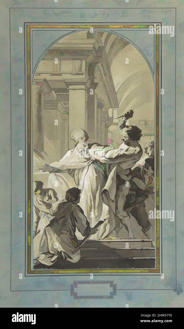 Art inspired by The Martyrdom of St. Thomas Becket, Archbishop of Canterbury, ca. 1748, Pen and black ink, brush and black and gray wash, heightened with white, over traces of black chalk, on gray-green paper, 13 7/8 x 7 1/8 in. (35.2 x 18.1 cm) (arched top), Drawings, Jean-Baptiste, Classic works modernized by Artotop with a splash of modernity. Shapes, color and value, eye-catching visual impact on art. Emotions through freedom of artworks in a contemporary way. A timeless message pursuing a wildly creative new direction. Artists turning to the digital medium and creating the Artotop NFT Stock Photo