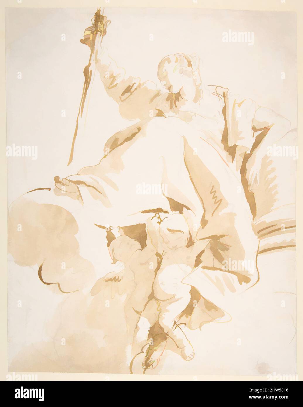 Art inspired by Seated Women Holding Aloft a Sword, and Supported by Two Putti, 1696–1770, Pen and brown ink, brush with pale (yellow) and dark brown wash, over black chalk, 10-1/16 x 8 in. (25.6 x 20.3 cm), Drawings, Giovanni Battista Tiepolo (Italian, Venice 1696–1770 Madrid, Classic works modernized by Artotop with a splash of modernity. Shapes, color and value, eye-catching visual impact on art. Emotions through freedom of artworks in a contemporary way. A timeless message pursuing a wildly creative new direction. Artists turning to the digital medium and creating the Artotop NFT Stock Photo