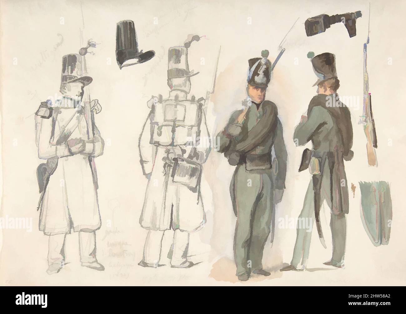 Art inspired by Uniforms of the civil guard in Courtray, Belgium, 1832, Black chalk and watercolor, 11 1/4 x 8 5/16 in., Drawings, Auguste Raffet (French, Paris 1804–1860 Gênes, Classic works modernized by Artotop with a splash of modernity. Shapes, color and value, eye-catching visual impact on art. Emotions through freedom of artworks in a contemporary way. A timeless message pursuing a wildly creative new direction. Artists turning to the digital medium and creating the Artotop NFT Stock Photo