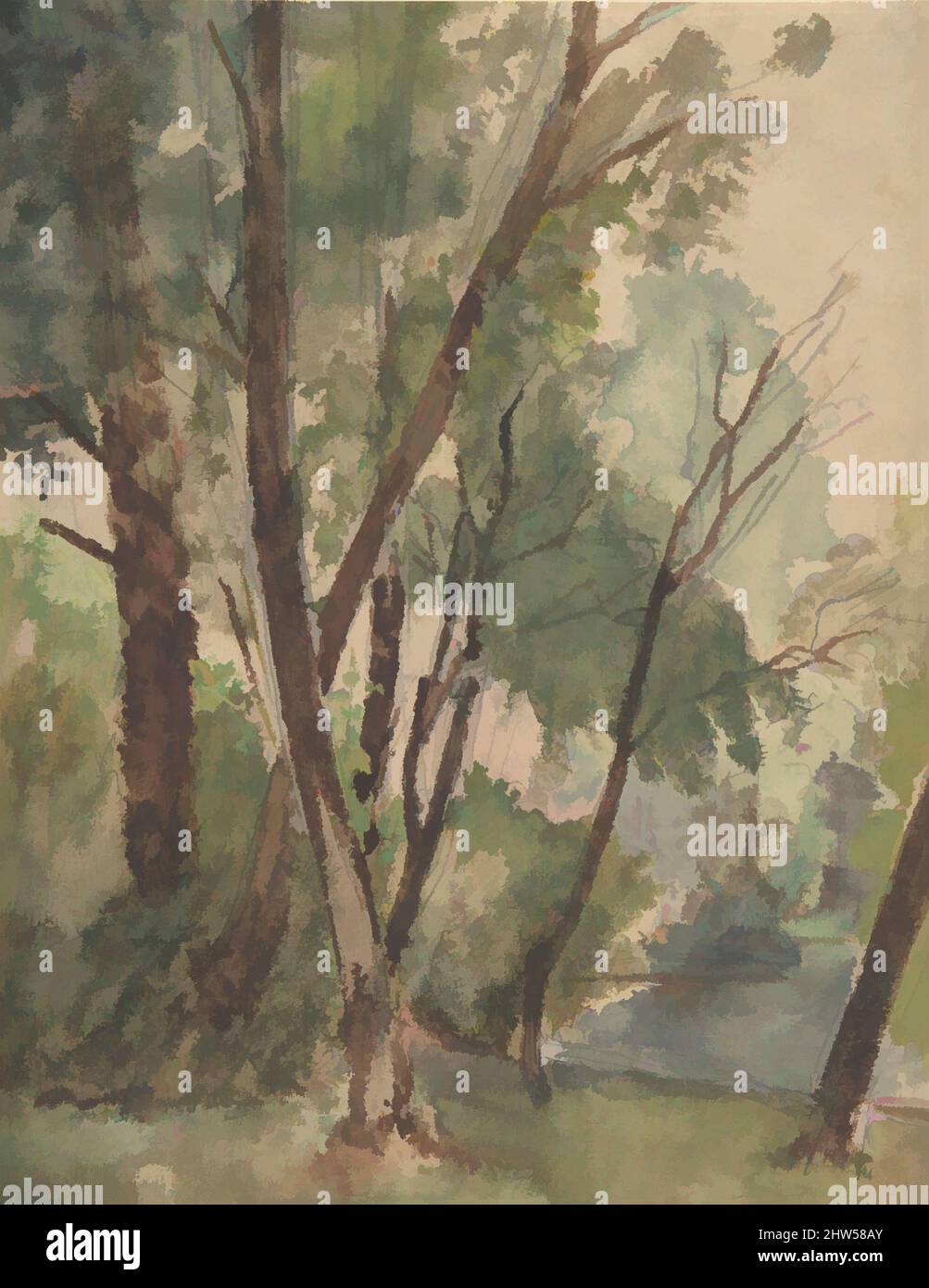 Art inspired by Trees Beside a Pond, 1820–78, Watercolor over graphite, 10 x 7 3/4 in. (25.5 x 19.6 cm), Drawings, Louis-Antoine-Léon Riesener (French, Paris 1808–1878 Paris, Classic works modernized by Artotop with a splash of modernity. Shapes, color and value, eye-catching visual impact on art. Emotions through freedom of artworks in a contemporary way. A timeless message pursuing a wildly creative new direction. Artists turning to the digital medium and creating the Artotop NFT Stock Photo