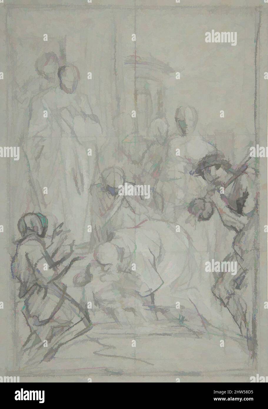 Art inspired by St. Benedict Resuscitating an Infant, ca. 1745, Black chalk, heightened with white, on gray-green paper, 8 3/4 x 6 in. (22.2 x 15.5 cm), Drawings, Pierre Hubert Subleyras (French, Saint-Gilles-du-Gard 1699–1749 Rome, Classic works modernized by Artotop with a splash of modernity. Shapes, color and value, eye-catching visual impact on art. Emotions through freedom of artworks in a contemporary way. A timeless message pursuing a wildly creative new direction. Artists turning to the digital medium and creating the Artotop NFT Stock Photo