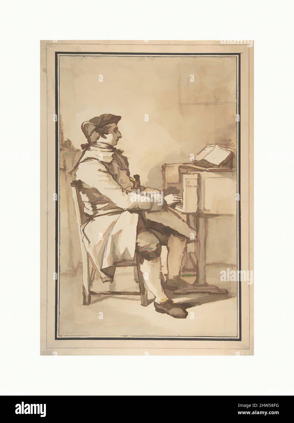 Art inspired by Man Seated at a Keyboard Instrument, 1774, Pen and brown ink, brush and brown wash, 12 11/16 x 8 1/8 in. (32.3 x 20.5 cm), Drawings, François André Vincent (French, Paris 1746–1816 Paris, Classic works modernized by Artotop with a splash of modernity. Shapes, color and value, eye-catching visual impact on art. Emotions through freedom of artworks in a contemporary way. A timeless message pursuing a wildly creative new direction. Artists turning to the digital medium and creating the Artotop NFT Stock Photo