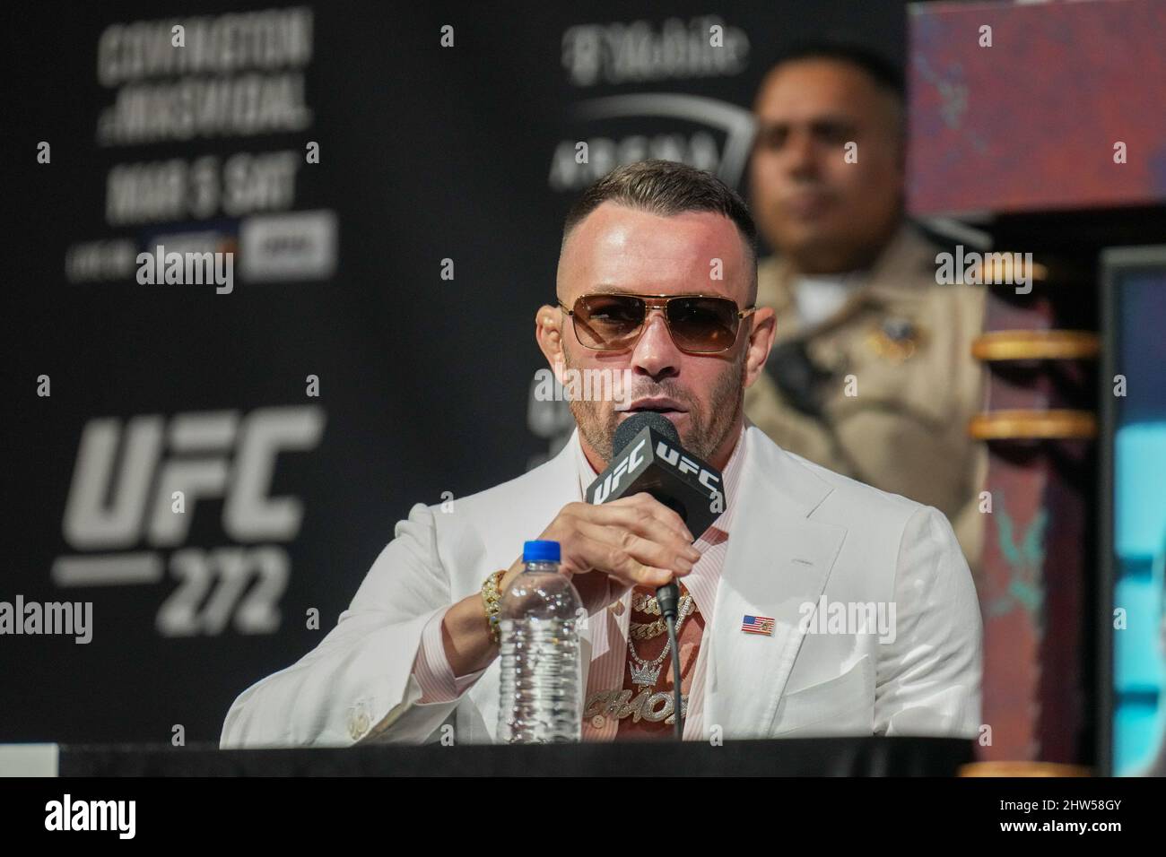 Las Vegas, Nv, United States. 03rd Mar, 2022. LAS VEGAS, NV - March 3: Colby Covington speaks with the fans and the press at KA MGM Theatre for UFC 272: Covington vs Masvidal - Press Conference on March 3, 2022 in Las Vegas, NV, United States. (Photo by Louis Grasse/PxImages) Credit: Px Images/Alamy Live News Stock Photo