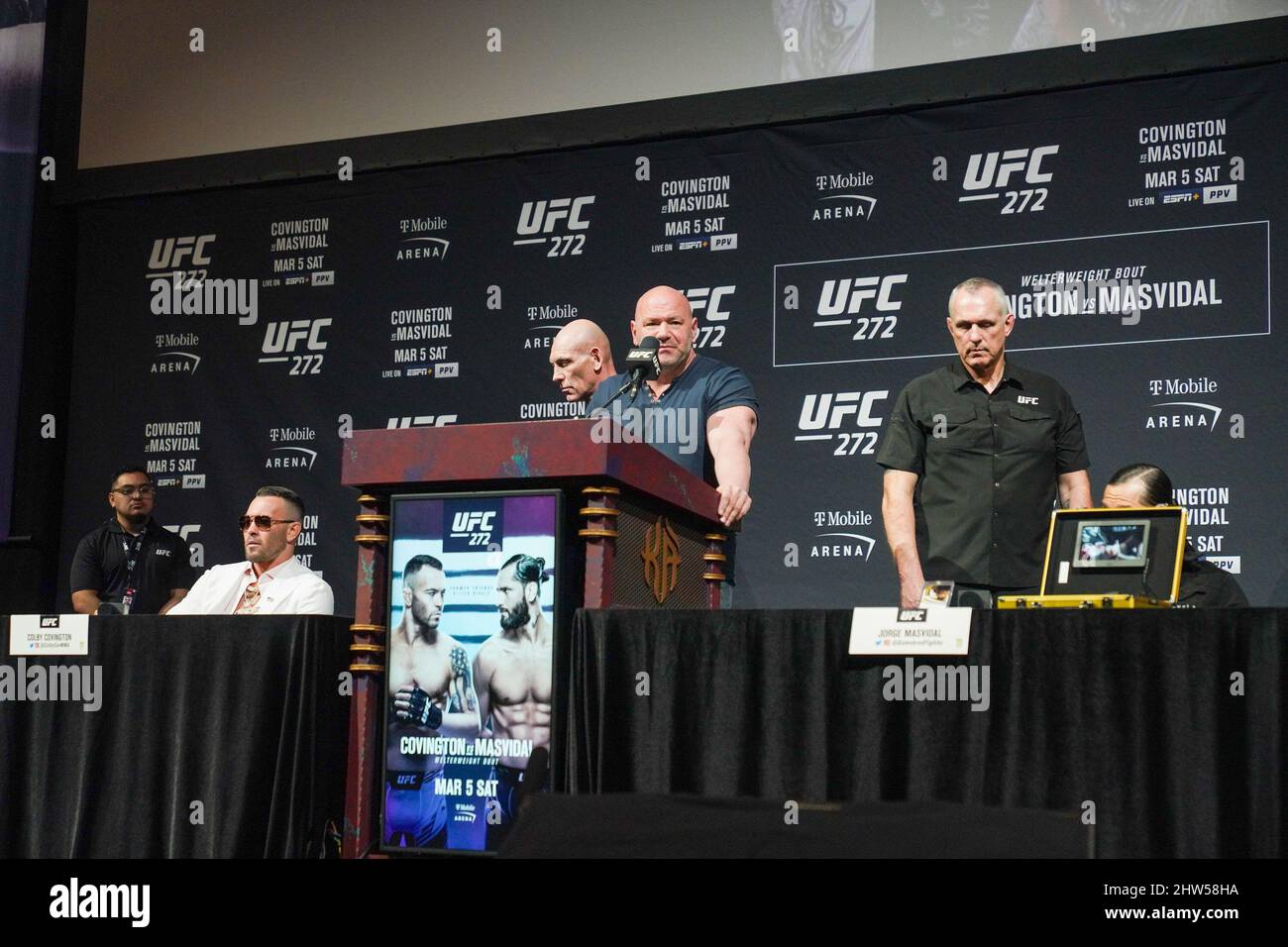 Las Vegas, Nv, United States. 03rd Mar, 2022. LAS VEGAS, NV - March 3: Dana White, Colby Covington and Joge Masvidal speak with the fans and the press at KA MGM Theatre for UFC 272: Covington vs Masvidal - Press Conference on March 3, 2022 in Las Vegas, NV, United States. (Photo by Louis Grasse/PxImages) Credit: Px Images/Alamy Live News Stock Photo