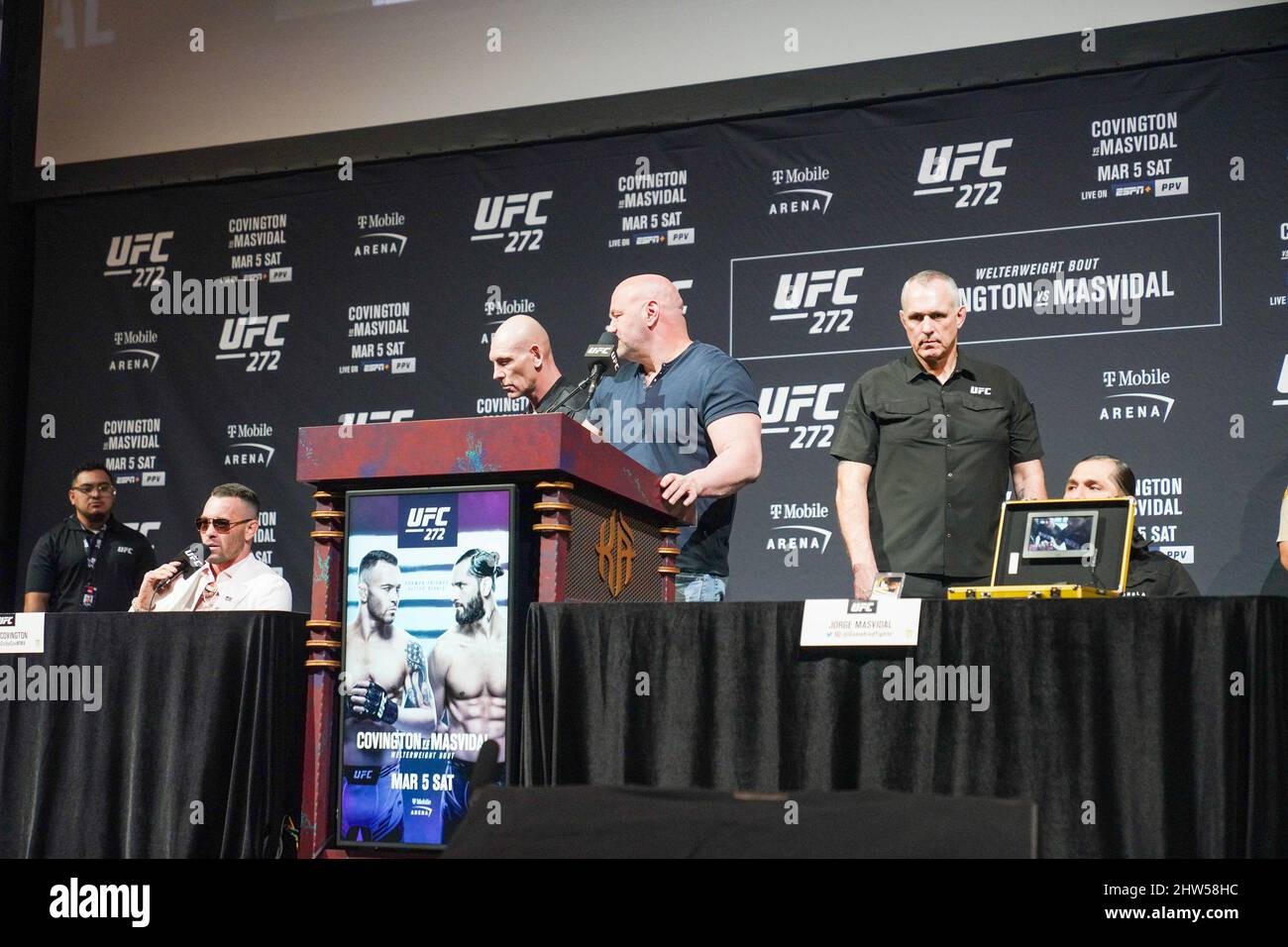 Las Vegas, Nv, United States. 03rd Mar, 2022. LAS VEGAS, NV - March 3: Dana White, Colby Covington and Joge Masvidal speak with the fans and the press at KA MGM Theatre for UFC 272: Covington vs Masvidal - Press Conference on March 3, 2022 in Las Vegas, NV, United States. (Photo by Louis Grasse/PxImages) Credit: Px Images/Alamy Live News Stock Photo