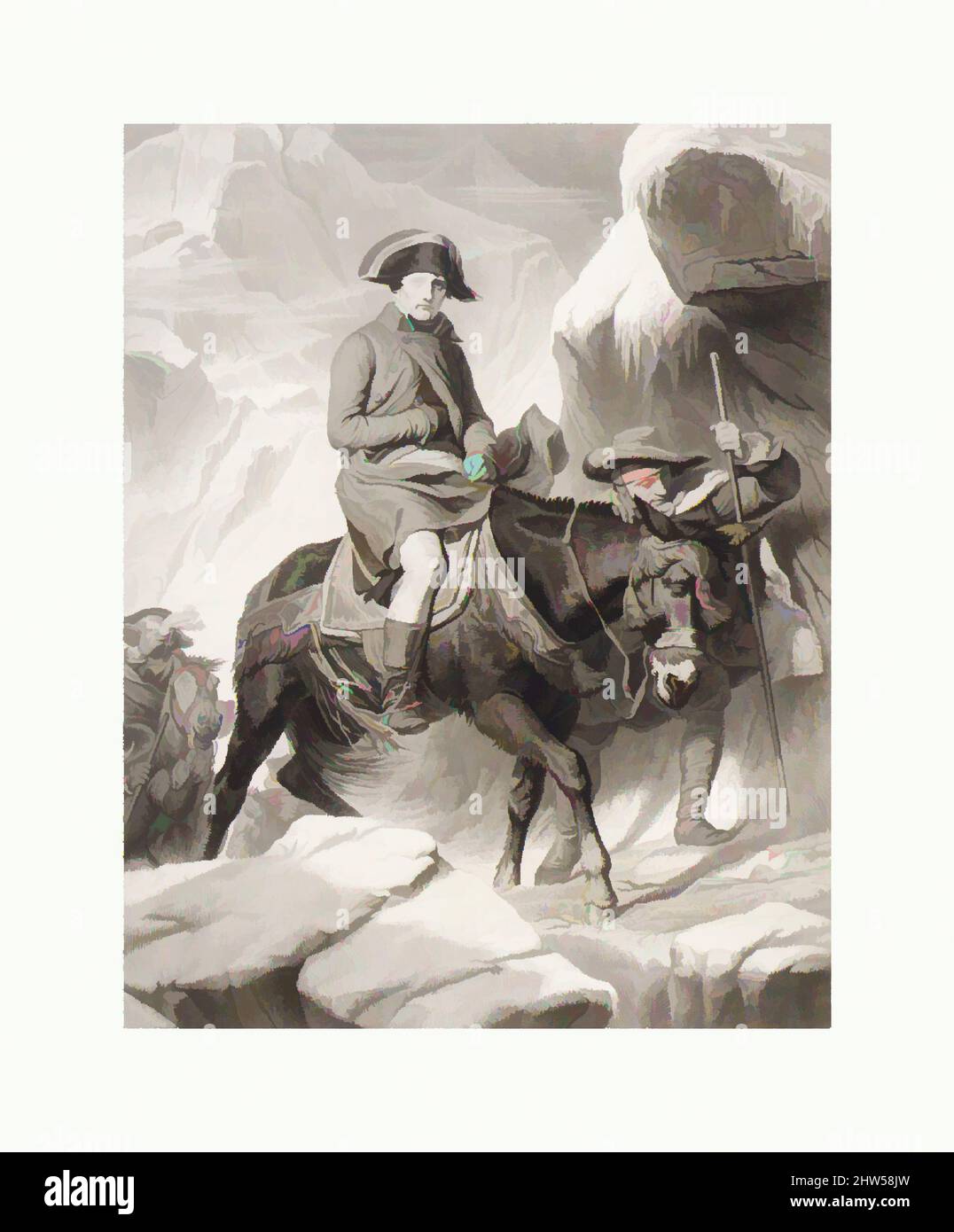Art inspired by Napoleon Crossing the Alps, 1851, Engraving; proof before letters, image: 24 7/8 x 19 7/16 in. (63.2 x 49.4 cm), Prints, Alphonse François (French, Paris 1814–1888 Paris), After Paul (Hippolyte) Delaroche (French, Paris 1797–1856 Paris, Classic works modernized by Artotop with a splash of modernity. Shapes, color and value, eye-catching visual impact on art. Emotions through freedom of artworks in a contemporary way. A timeless message pursuing a wildly creative new direction. Artists turning to the digital medium and creating the Artotop NFT Stock Photo