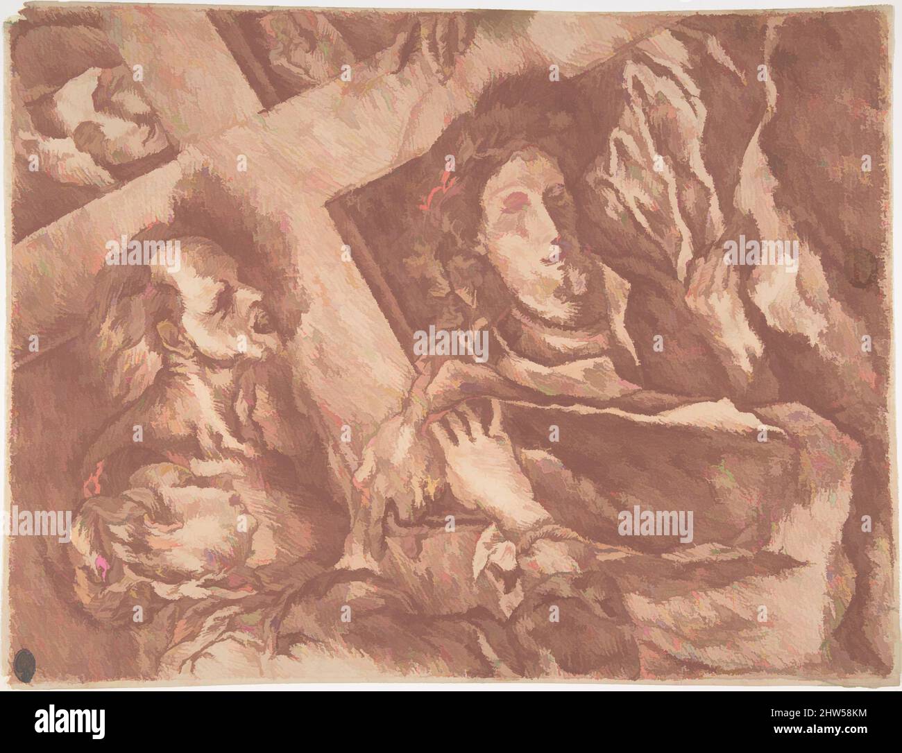 Art inspired by Christ Carrying the Cross, 18th century, Red chalk, 8 1/16 x 10 7/16 in. (20.4 x 26.5 cm), Drawings, Anonymous, French, 18th century, Classic works modernized by Artotop with a splash of modernity. Shapes, color and value, eye-catching visual impact on art. Emotions through freedom of artworks in a contemporary way. A timeless message pursuing a wildly creative new direction. Artists turning to the digital medium and creating the Artotop NFT Stock Photo