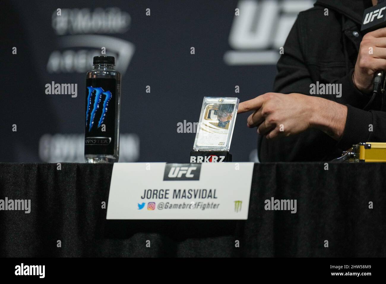 Las Vegas, Nv, United States. 03rd Mar, 2022. LAS VEGAS, NV - March 3: Jorge Masvidal displays the signed Colby Covington card as he speaks with the fans and the press at KA MGM Theatre for UFC 272: Covington vs Masvidal - Press Conference on March 3, 2022 in Las Vegas, NV, United States. (Photo by Louis Grasse/PxImages) Credit: Px Images/Alamy Live News Stock Photo