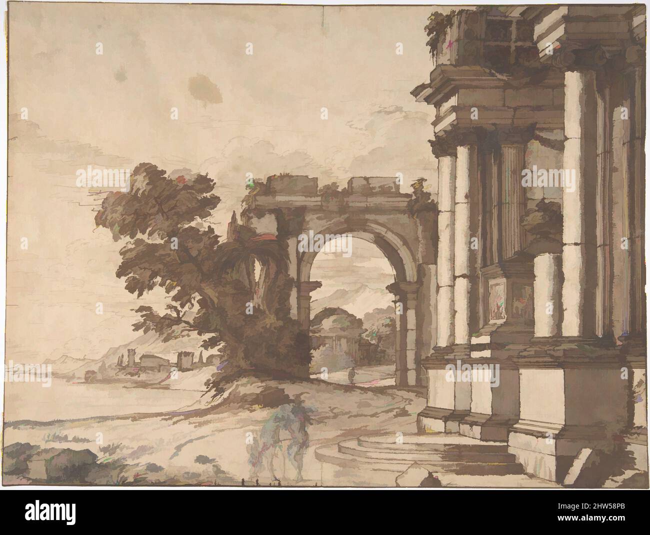 Art inspired by Landscape with Classical Architecture by a Lake, 17th century, Pen and brown ink, brush and brown wash and a little gray wash, traces of graphite, with white gouache., 9 3/4 x 12 7/8 in. (24.8 x 32.7 cm), Drawings, Anonymous, French, 17th century, Classic works modernized by Artotop with a splash of modernity. Shapes, color and value, eye-catching visual impact on art. Emotions through freedom of artworks in a contemporary way. A timeless message pursuing a wildly creative new direction. Artists turning to the digital medium and creating the Artotop NFT Stock Photo