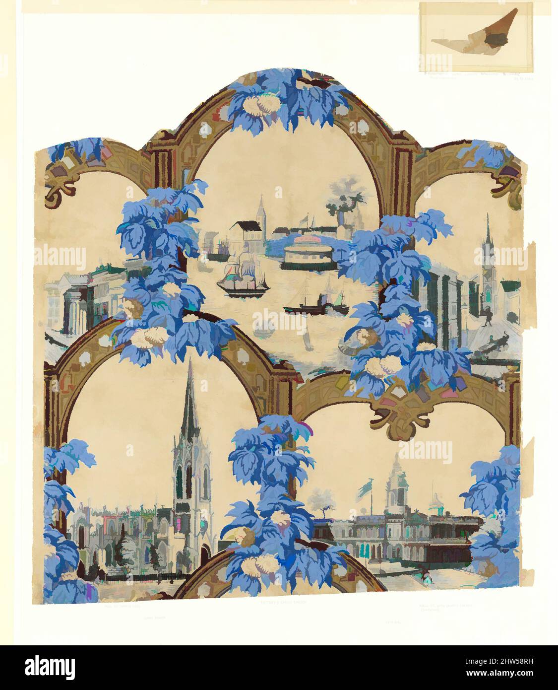 Art inspired by Wallpaper Decorated with New York City Landmarks, ca. 1840–50, Block printed in colors, repeat: 20 13/16 x 18 3/4 in. (52.9 x 47.7 cm), Wallpaper, Anonymous, American, 19th century, Classic works modernized by Artotop with a splash of modernity. Shapes, color and value, eye-catching visual impact on art. Emotions through freedom of artworks in a contemporary way. A timeless message pursuing a wildly creative new direction. Artists turning to the digital medium and creating the Artotop NFT Stock Photo