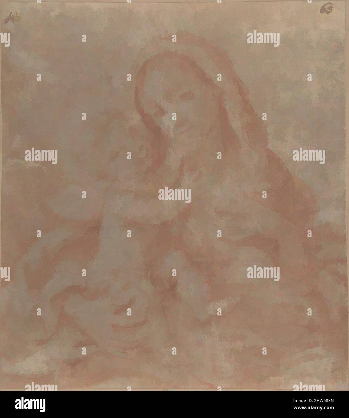 Art inspired by Madonna and Child, 17th century, Red chalk on cream paper, darkened to gray. Reworked counterproof?, 6-7/8 x 6-1/8 in. (17.4 x 15.6 cm), Drawings, Anonymous, Italian, Roman-Bolognese, 17th century, Classic works modernized by Artotop with a splash of modernity. Shapes, color and value, eye-catching visual impact on art. Emotions through freedom of artworks in a contemporary way. A timeless message pursuing a wildly creative new direction. Artists turning to the digital medium and creating the Artotop NFT Stock Photo