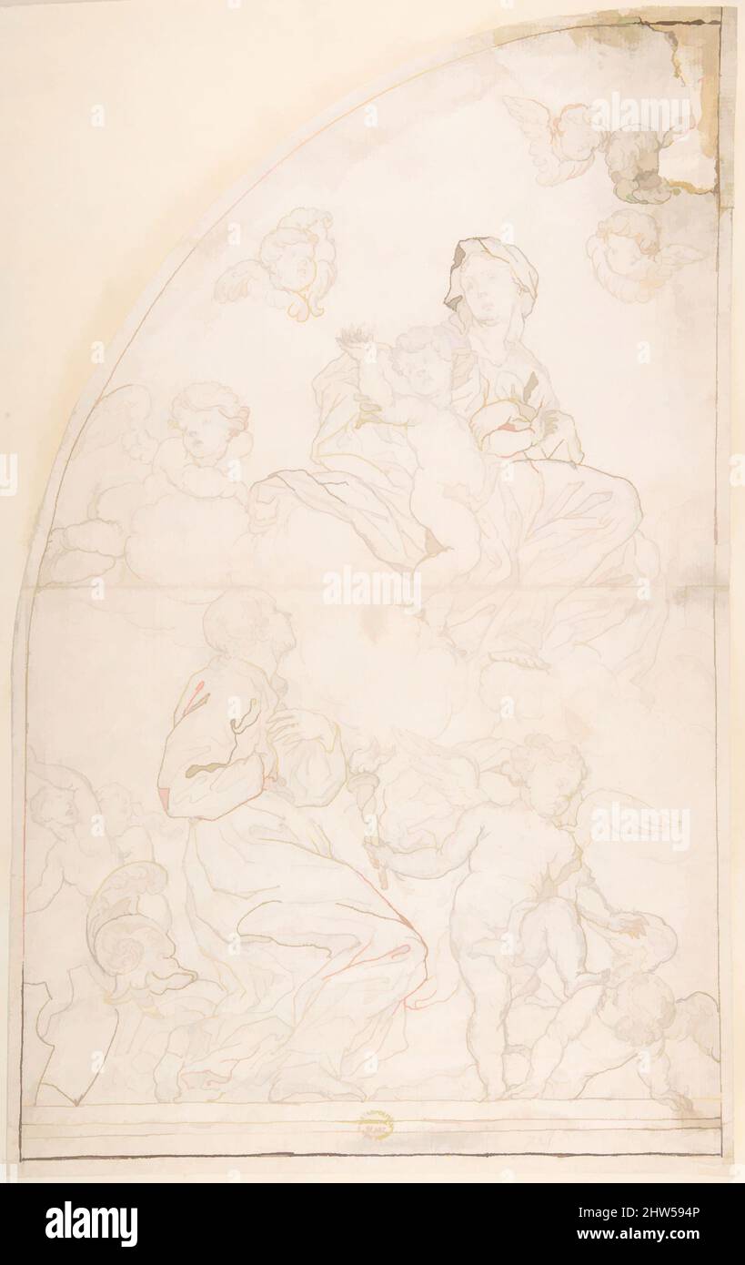 Art inspired by Saint Adoring the Madonna and Child, 17th century, Line drawing in pen and brown ink over traces of black chalk on cream paper. Framing outline in pen and brown ink, 14-15/16 x 9-1/8 in. (38 x 23.1 cm), Drawings, Anonymous, Italian, Roman-Bolognese, 17th century, Classic works modernized by Artotop with a splash of modernity. Shapes, color and value, eye-catching visual impact on art. Emotions through freedom of artworks in a contemporary way. A timeless message pursuing a wildly creative new direction. Artists turning to the digital medium and creating the Artotop NFT Stock Photo