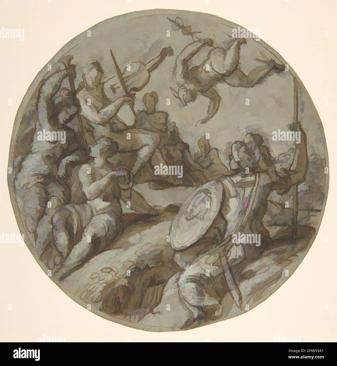 Art inspired by Classical Gods, Muses, and Allegorical Figures, 1566–67, Pen and brown ink, brush and brown wash, highlighted with white gouache, over black chalk, on blue paper; circular framing outline in compass point and brown ink, diameter 5-1/2 in., Drawings, Giuseppe Salviati (, Classic works modernized by Artotop with a splash of modernity. Shapes, color and value, eye-catching visual impact on art. Emotions through freedom of artworks in a contemporary way. A timeless message pursuing a wildly creative new direction. Artists turning to the digital medium and creating the Artotop NFT Stock Photo