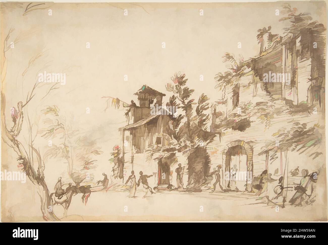 Art inspired by Landscape with Ruins, 18th century, Pen and brown ink on cream laid paper, 6-11/16 x 9-7/8 in. (17 x 25.1 cm), Drawings, Anonymous, Italian, Venetian, 18th century, Classic works modernized by Artotop with a splash of modernity. Shapes, color and value, eye-catching visual impact on art. Emotions through freedom of artworks in a contemporary way. A timeless message pursuing a wildly creative new direction. Artists turning to the digital medium and creating the Artotop NFT Stock Photo