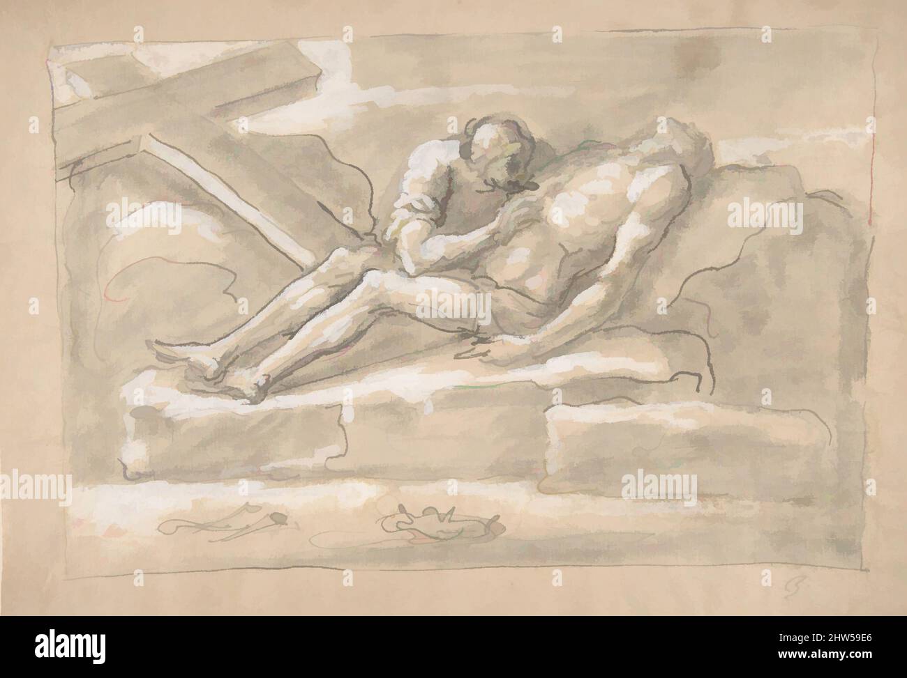 Art inspired by The Dead Christ Mourned by the Magdalen Who Venerates His Side Wound., 1787–1863, Pen and brown ink, brush and gray-brown wash, highlighted with white gouache on cream paper, sheet: 8 1/2 x 12 1/4 in. (21.6 x 31.1 cm), Drawings, Fortunato Duranti (Italian, 1787–1863, Classic works modernized by Artotop with a splash of modernity. Shapes, color and value, eye-catching visual impact on art. Emotions through freedom of artworks in a contemporary way. A timeless message pursuing a wildly creative new direction. Artists turning to the digital medium and creating the Artotop NFT Stock Photo
