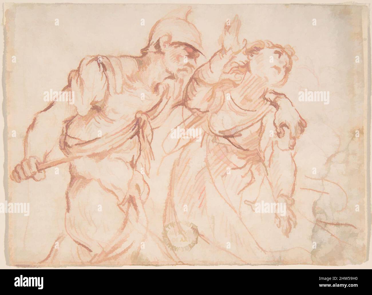 Art inspired by Soldier Stabbing a Woman, 17th century, Red chalk on cream laid paper, 3-3/16 x 4-7/16 in. (8.15 x 11.2 cm), Drawings, Anonymous, Italian, Roman-Bolognese, 17th century, Classic works modernized by Artotop with a splash of modernity. Shapes, color and value, eye-catching visual impact on art. Emotions through freedom of artworks in a contemporary way. A timeless message pursuing a wildly creative new direction. Artists turning to the digital medium and creating the Artotop NFT Stock Photo