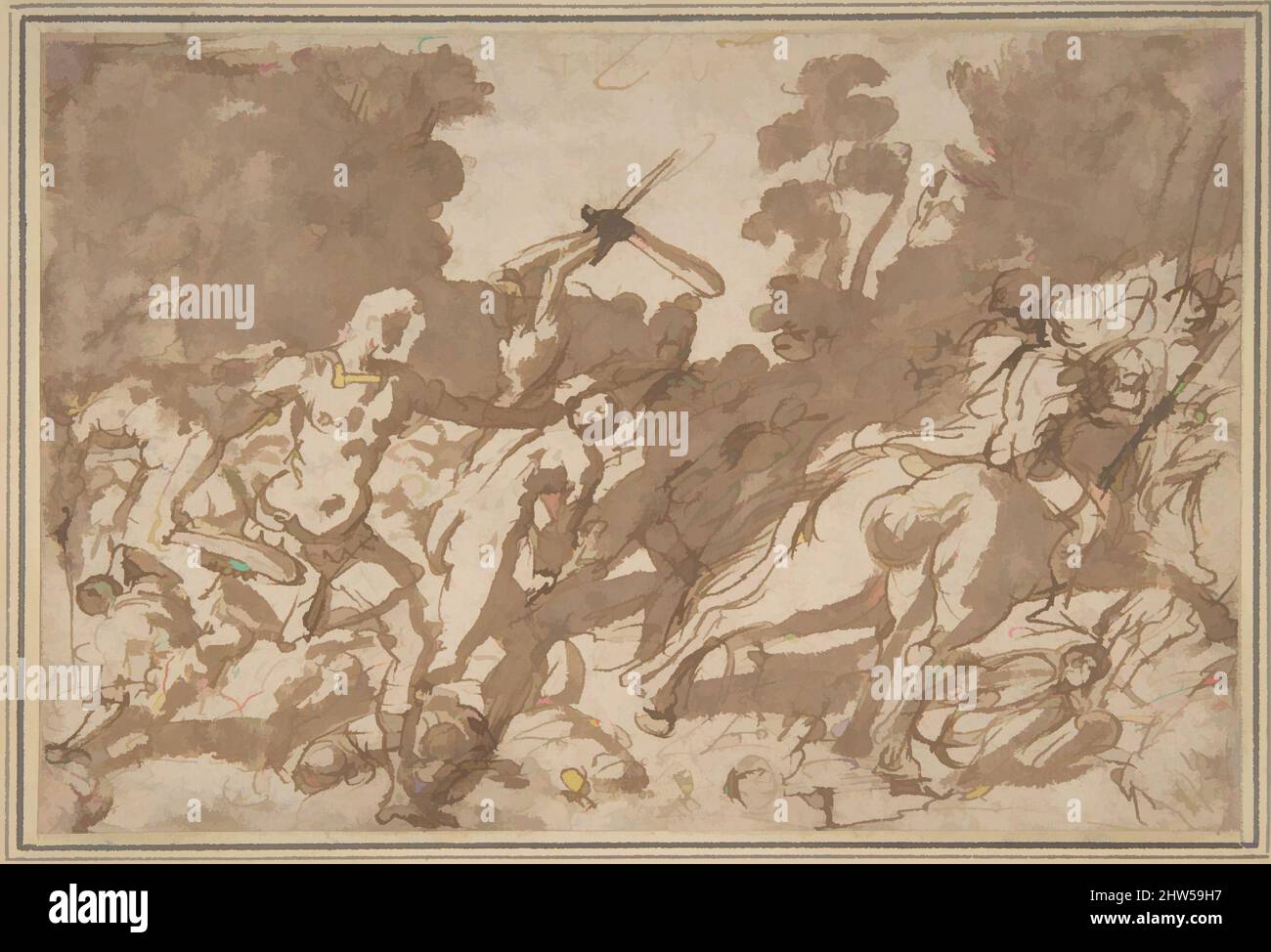 Art inspired by Battle Scene (Samson Slaying the Philistines ?), 17th century, Pen and brown ink, brush and brown wash on light brown paper, 4-15/16 x 7-1/2 in. (12.6 x 19 cm), Drawings, Anonymous, Italian, Roman-Bolognese, 17th century, Classic works modernized by Artotop with a splash of modernity. Shapes, color and value, eye-catching visual impact on art. Emotions through freedom of artworks in a contemporary way. A timeless message pursuing a wildly creative new direction. Artists turning to the digital medium and creating the Artotop NFT Stock Photo