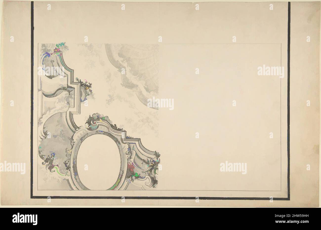 Art inspired by Design for 1/4 of a Ceiling, and Ornamentation of a Section of a Vault, 1700–1780, Pen and black ink, brush and gray wash, over lead point or graphite, with ruled construction. Framing outline at upper, right, and lower borders in brush and black ink. Measuring scale on, Classic works modernized by Artotop with a splash of modernity. Shapes, color and value, eye-catching visual impact on art. Emotions through freedom of artworks in a contemporary way. A timeless message pursuing a wildly creative new direction. Artists turning to the digital medium and creating the Artotop NFT Stock Photo