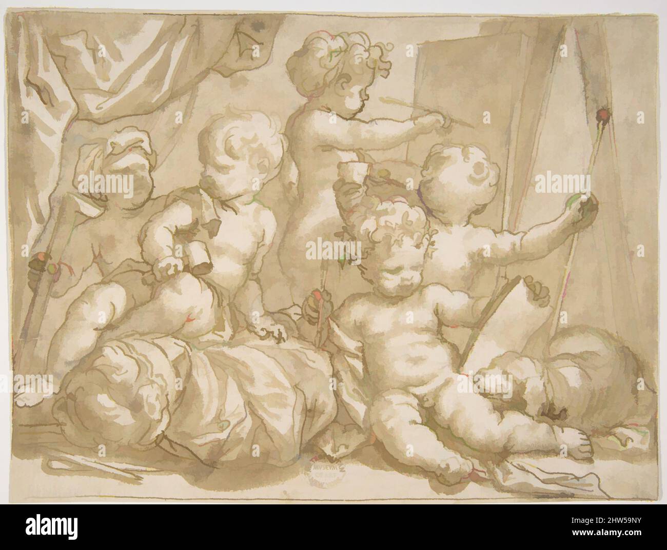 Art inspired by Putti with the Attributes of the Arts, 1627–1703, Pen and brown ink, brush and brown wash over some charcoal, 5 9/16 x 7 3/8in. (14.2 x 18.8cm), Drawings, Domenico Piola (Italian, Genoa 1627–1703 Genoa, Classic works modernized by Artotop with a splash of modernity. Shapes, color and value, eye-catching visual impact on art. Emotions through freedom of artworks in a contemporary way. A timeless message pursuing a wildly creative new direction. Artists turning to the digital medium and creating the Artotop NFT Stock Photo