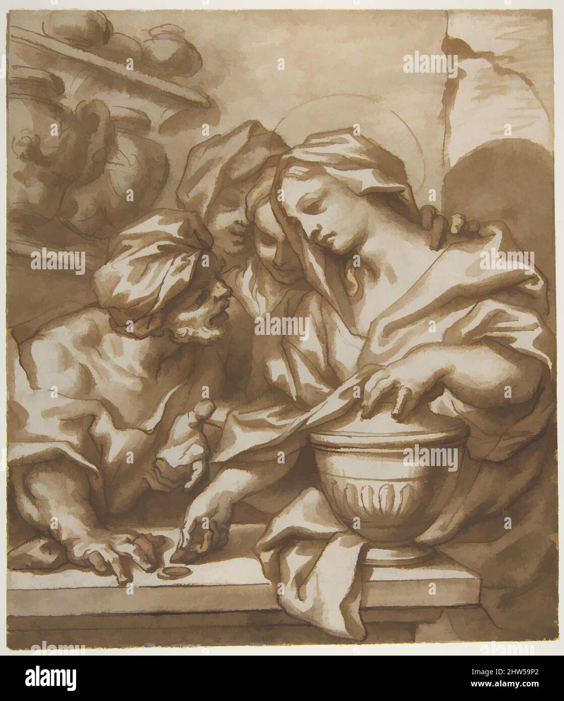 Art inspired by Mary Magdalen Buying Ointment, 1666–1724, Pen and brown ink, brush and brown wash, 7 3/4 x 6 11/16in. (19.7 x 17cm), Drawings, Attributed to Paolo Gerolamo Piola (Italian, Genoa 1666–1724 Genoa, Classic works modernized by Artotop with a splash of modernity. Shapes, color and value, eye-catching visual impact on art. Emotions through freedom of artworks in a contemporary way. A timeless message pursuing a wildly creative new direction. Artists turning to the digital medium and creating the Artotop NFT Stock Photo