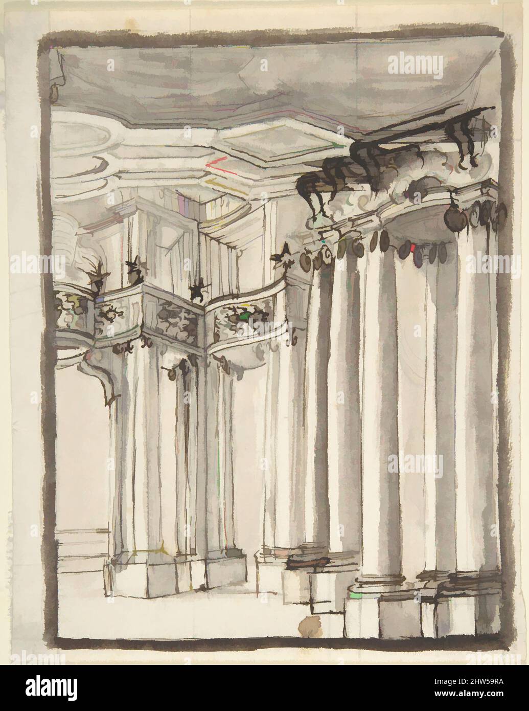 Art inspired by Partial View of an Architectural Interior (recto); Undecipherable Sketches (verso), 1700–1780, Pen and brown ink, brush and gray wash, heightened with dark brown ink over traces of graphite. Framing outlines in brush and gray wash (recto). Black chalk sketches (verso, Classic works modernized by Artotop with a splash of modernity. Shapes, color and value, eye-catching visual impact on art. Emotions through freedom of artworks in a contemporary way. A timeless message pursuing a wildly creative new direction. Artists turning to the digital medium and creating the Artotop NFT Stock Photo