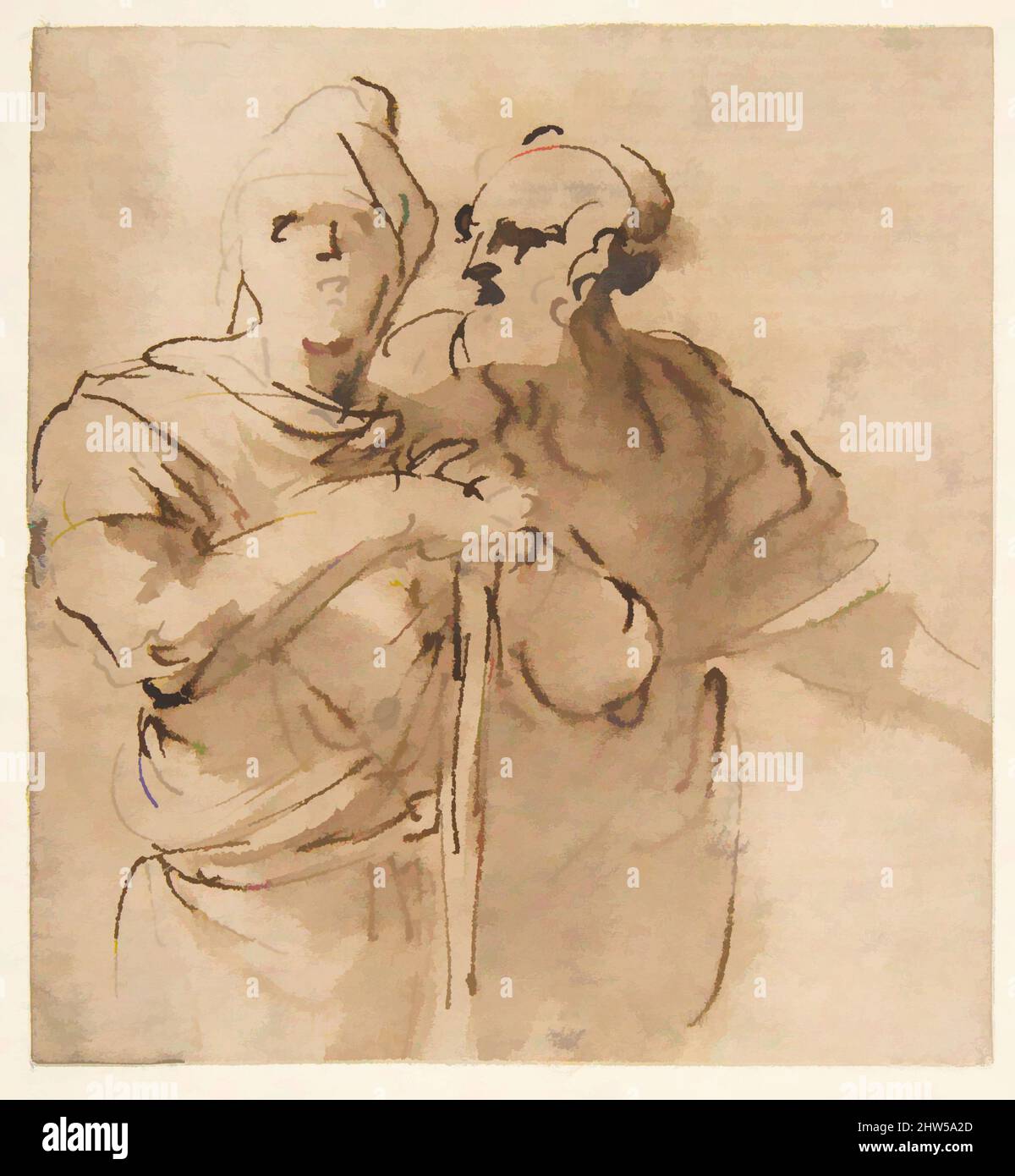 Art inspired by Two Men Seen Three- Quarter Length, 1615–73, Pen and brown ink, brown wash, 3-1/2 x 3-1/4 in. (8.8 x 8.2 cm), Drawings, Salvator Rosa (Italian, Arenella (Naples) 1615–1673 Rome, Classic works modernized by Artotop with a splash of modernity. Shapes, color and value, eye-catching visual impact on art. Emotions through freedom of artworks in a contemporary way. A timeless message pursuing a wildly creative new direction. Artists turning to the digital medium and creating the Artotop NFT Stock Photo