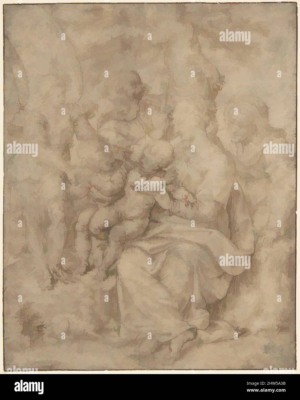 Art inspired by The Holy Family with the Infant Baptist, Saint Elizabeth, and an Attendant Angel, 1550–60, Pen and brown ink, brush and pale brown wash, on beige paper, 6 1/4 x 5in. (15.9 x 12.7cm), Drawings, Aurelio Luini (Italian, Luino or Milan ca. 1530–1593 Milan, Classic works modernized by Artotop with a splash of modernity. Shapes, color and value, eye-catching visual impact on art. Emotions through freedom of artworks in a contemporary way. A timeless message pursuing a wildly creative new direction. Artists turning to the digital medium and creating the Artotop NFT Stock Photo