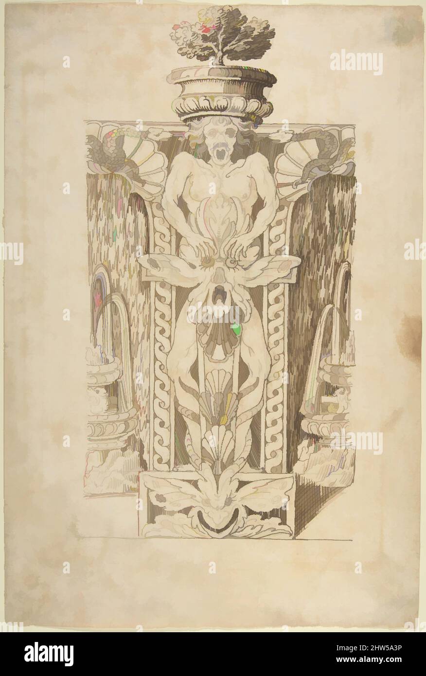 Art inspired by Design for a Wall Fountain, 1550–1620, Pen and brown ink, brush and light brown wash, over lead point, with ruled construction, 14 5/8 x 9 13/16 in. (37.2 x 25 cm), Drawings, Anonymous, Italian, Lombard, 16th century, Classic works modernized by Artotop with a splash of modernity. Shapes, color and value, eye-catching visual impact on art. Emotions through freedom of artworks in a contemporary way. A timeless message pursuing a wildly creative new direction. Artists turning to the digital medium and creating the Artotop NFT Stock Photo
