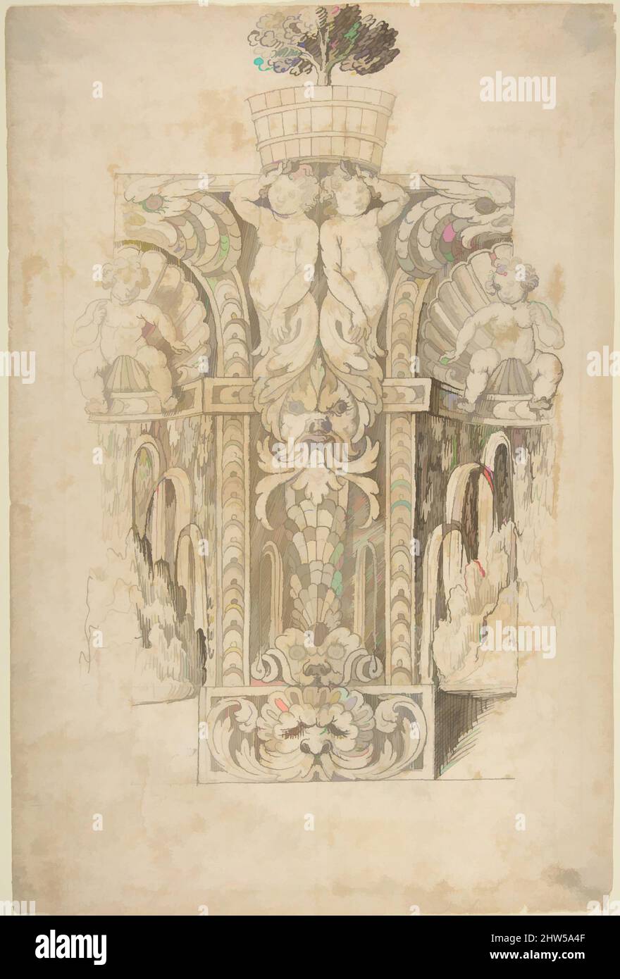Art inspired by Design for a Wall Fountain, 1550–1620, Pen and brown ink, brush and light brown wash over lead point, 14 3/4 x 9 3/4 in. (37.4 x 24.8 cm), Drawings, Anonymous, Italian, Lombard, 16th century, Classic works modernized by Artotop with a splash of modernity. Shapes, color and value, eye-catching visual impact on art. Emotions through freedom of artworks in a contemporary way. A timeless message pursuing a wildly creative new direction. Artists turning to the digital medium and creating the Artotop NFT Stock Photo