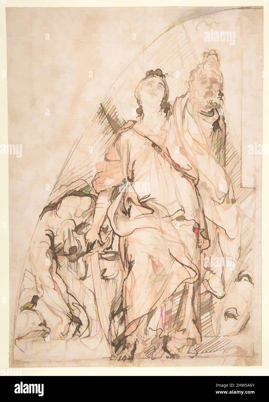 Art inspired by Judith Holding up the Head of Holofernes, 1625–1713, Pen and brown ink, over red chalk, 10 1/16 x 7 1/16in. (25.5 x 18cm), Drawings, Carlo Maratti (Italian, Camerano 1625–1713 Rome, Classic works modernized by Artotop with a splash of modernity. Shapes, color and value, eye-catching visual impact on art. Emotions through freedom of artworks in a contemporary way. A timeless message pursuing a wildly creative new direction. Artists turning to the digital medium and creating the Artotop NFT Stock Photo