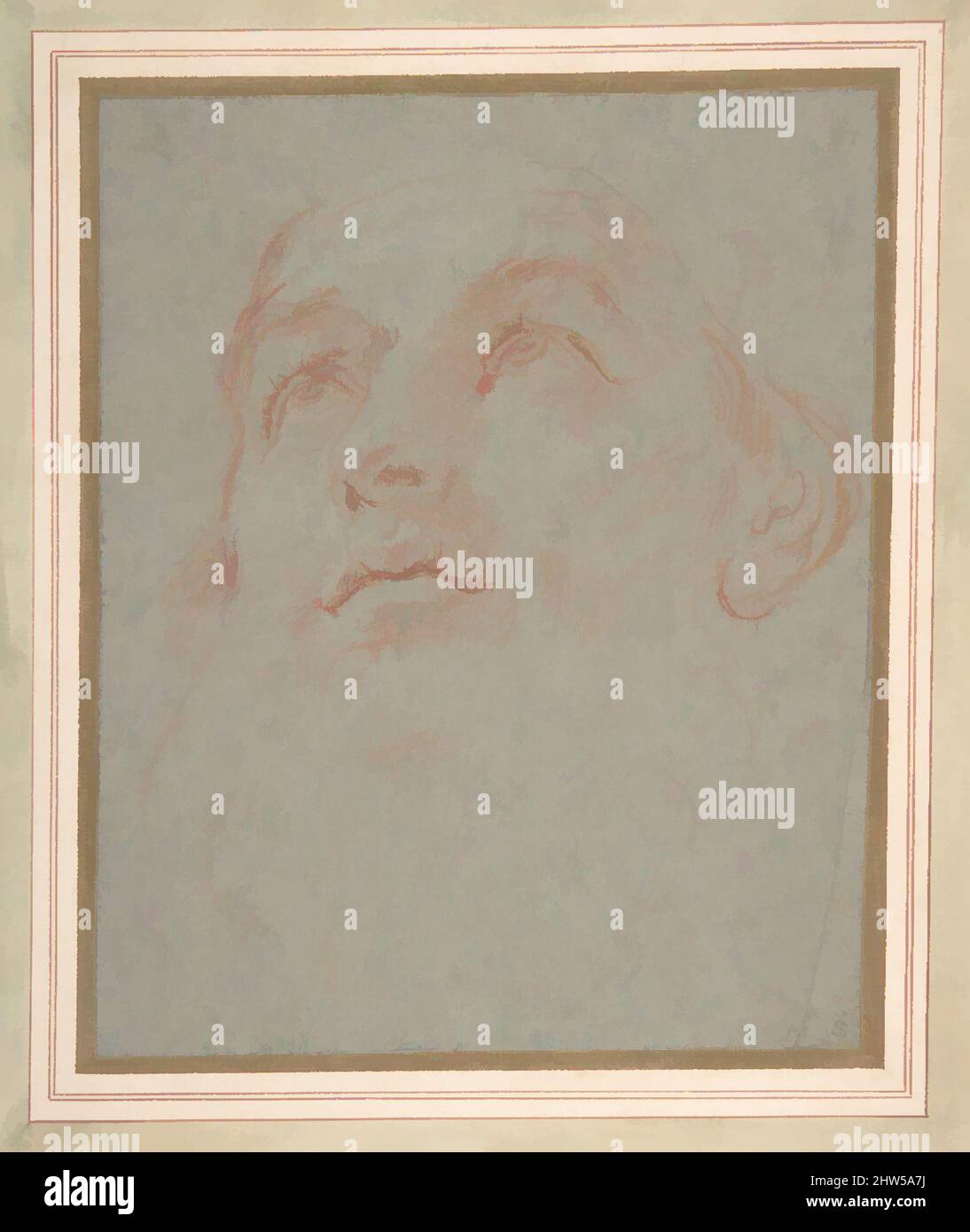 Art inspired by Head of a Bearded Man Looking to Upper Left (Saint Ambrose), 1625–1713, Red chalk on blue paper, 7 15/16 x 6 7/16in. (20.2 x 16.3cm), Drawings, Carlo Maratti (Italian, Camerano 1625–1713 Rome), Study for the head of Saint Ambrose in an altarpiece representing the ‘, Classic works modernized by Artotop with a splash of modernity. Shapes, color and value, eye-catching visual impact on art. Emotions through freedom of artworks in a contemporary way. A timeless message pursuing a wildly creative new direction. Artists turning to the digital medium and creating the Artotop NFT Stock Photo